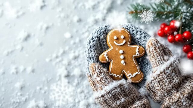 A gingerbread man cookie held in knitted mittens in the snow.