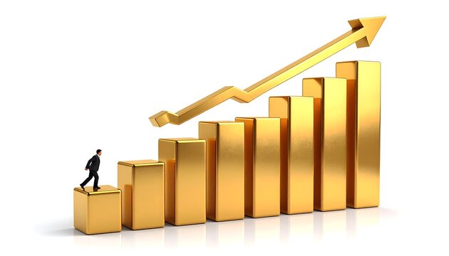 A small figure in a business suit ascends golden steps, a golden arrow pointing upwards, suggesting progress and success