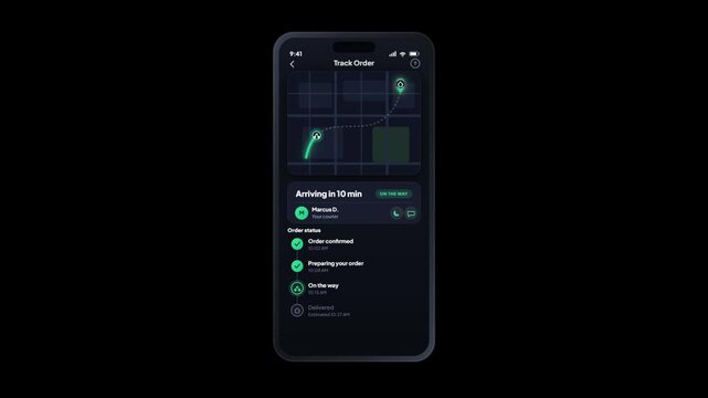 3D smartphone delivery tracking app showing live order route and arrival time countdown on map