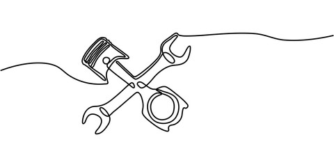 Obraz premium Continuous Line Drawing Crossed Wrench and Piston Vector