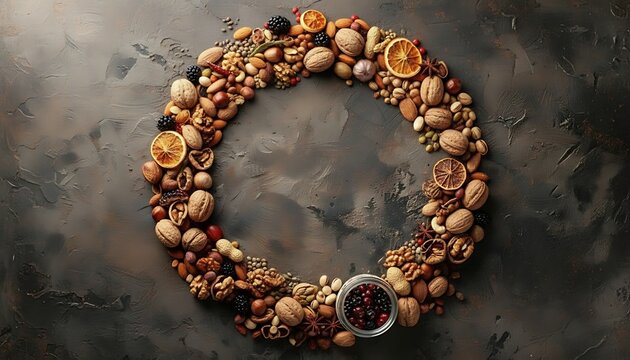Rustic edible wreath with dried citrus nuts spices and copper measuring spoon on dark textured surface