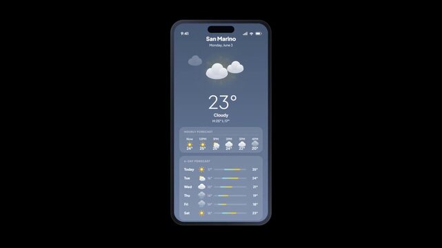 3D smartphone weather app forecast changing from sunny to cloudy and rainy with temperature