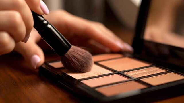 Makeup Brush Applying Powder to Cosmetic Palette. 4K Video