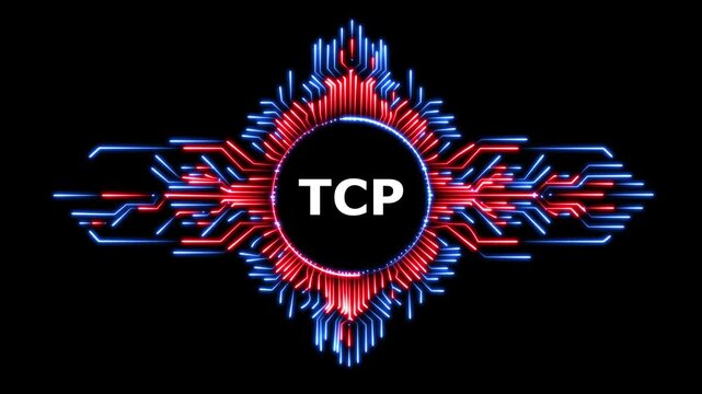 Abstract tCP data processing in vibrant neon circuit board pattern on black background.