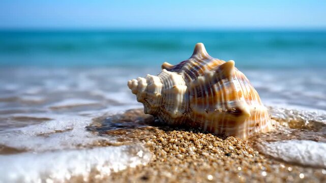 Seashell on sandy beach by ocean.