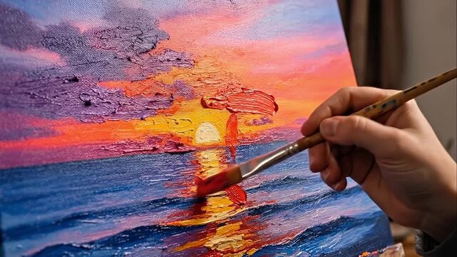 Artist's hand painting a vibrant sunset ocean scene with thick brushstrokes.