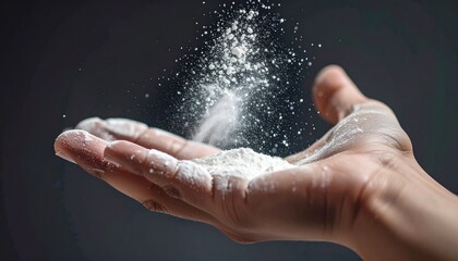 Fototapeta premium Close Up of Human Hand Holding and Releasing White Powder Cloud Against Dark Background