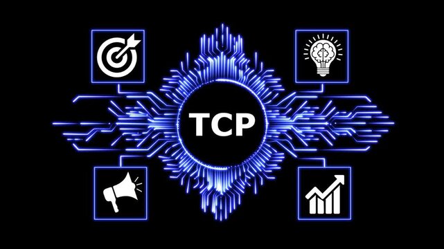 Digital network connection diagram with business icons around TCP data protocol.