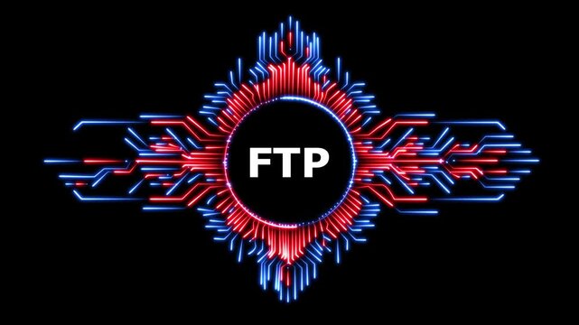 Neon glowing ftp acronym with digital circuit lines in pulsating motion graphics.