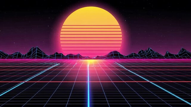 Retro Futuristic Sunset with Vibrant Colors and Grid Landscape