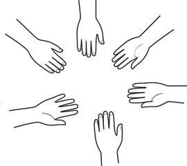 Fototapeta premium Five human hands arranged in a circle, black and white line