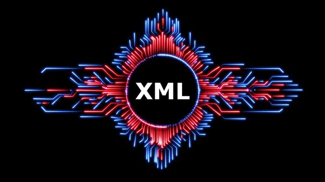 Abstract data processing animation with XML text in a glowing circuit board frame.
