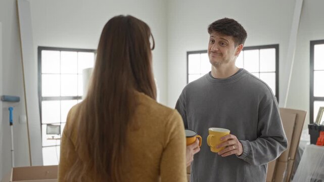Young man holding a yellow mug with both hands while receiving coffee from woman in building; moving together affection.
