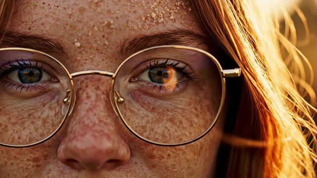 Close up portrait of a young freckled woman with sand on her face wearing gold glasses at sunset