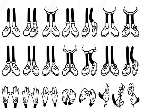 Premium cartoon girl legs and hands animation reference sheet, minimalist black outline feet gestures vector set