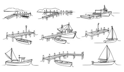 Obraz premium One Line Maritime Scene Collection with Piers Boats and Waterfront Dock Illustrations