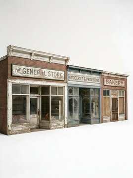 Abandoned American General Store Miniature Facade Dilapidated Brick Bakery White Background Vintage
