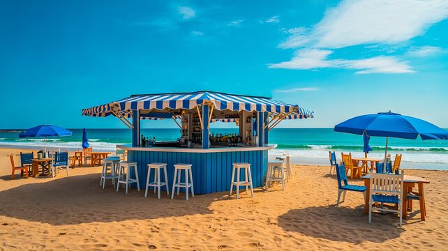 Beach bar with outdoor seating on sunny tropical coastline