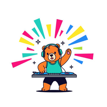 Cute Cartoon Bear DJ Playing Music with Colorful Lights and Turntables