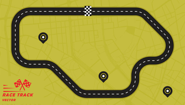 Simple Race track or road designed on yellow background with pin drops and layout of the city map.