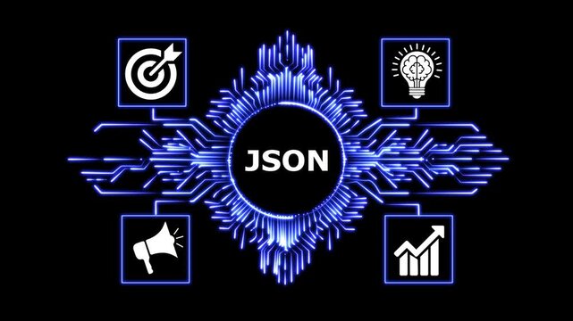 Data processing technology concept with json text and business icons motion.