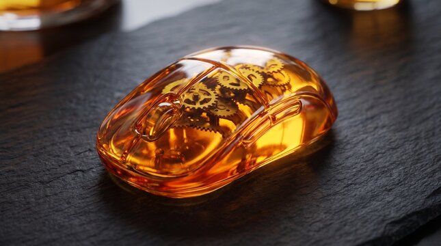 Transparent amber computer mouse with mechanical clockwork gears inside