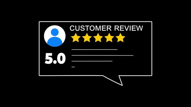 Glowing neon Rating 5 stars icon animation. animation customer review concept, character giving five star feedback on neon rectangle. animated customer satisfaction rating
