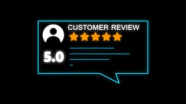 Glowing neon Rating 5 stars icon animation. animation customer review concept, character giving five star feedback on neon rectangle. animated customer satisfaction rating