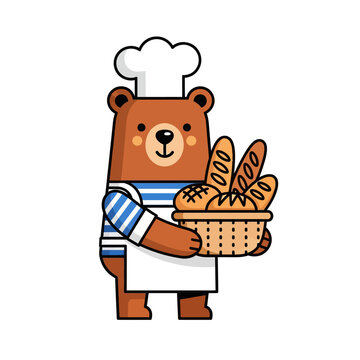 Cartoon bear baker holding basket of bread, bakery illustration