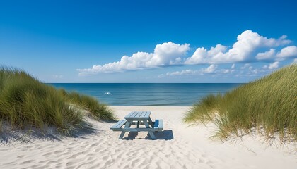 Fototapeta premium Tranquil beach scene with blue bench on sandy dunes overlooking clear ocean under sunny sky
