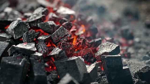Glowing Charcoal Fire in a Fire Pit with Bright Flames and Smoke