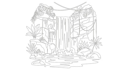 Naklejka premium Jungle Waterfall Line Art - Tropical Nature Scene