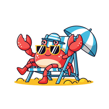 Cartoon crab relaxing on beach chair, sunbathing, wearing sunglasses, illustration