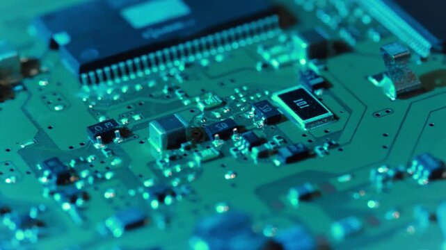 Macro pan over a blue-lit motherboard with microchips, circuits and electronic components, ideal for technology, semiconductor, AI, computing and digital hardware concepts.