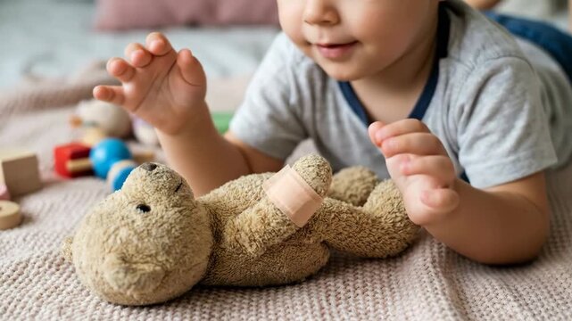 Toddler child playing with teddy bear bed soft bedroom light, gentle focus, young child caring teddy bear, bandage hand, home bed