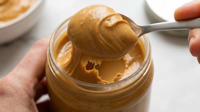 Creamy peanut butter in glass jar with spoon and hand stirring smooth spread for delicious searchable food content