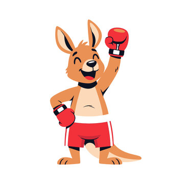 Cartoon kangaroo boxer with red gloves and shorts, victory sign