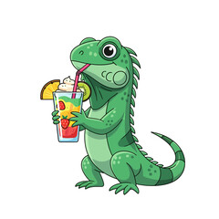 Obraz premium Cute Green Iguana Enjoying a Colorful Tropical Cocktail