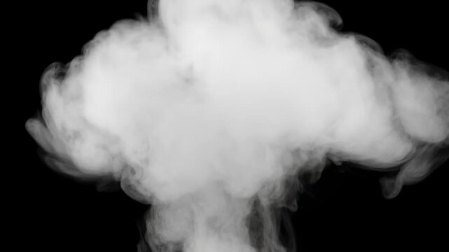 White Smoke Cloud On Black Background, Isolated Mist Vapor Plume, Soft Haze Texture For Design And Copy Space