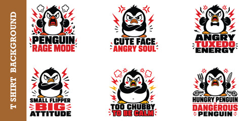 Angry cartoon penguin character with crown and cape surrounded by lightning and text. © jubayer95