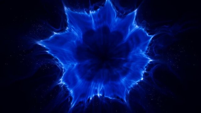Abstract blue glowing explosion energy burst in dark background with electric light and vivid blue digital art star shape