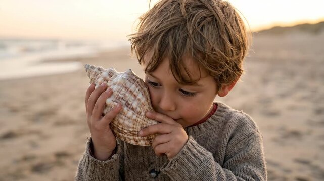 Child holding seashell on beach at sunset, smiling face, warm expression, soft light, ocean portrait, peaceful boy