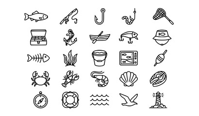 Fish and Fishing Line Icon Set Editable Stroke Marine and Angling Thin Vector Collection EPS10 © Aslam