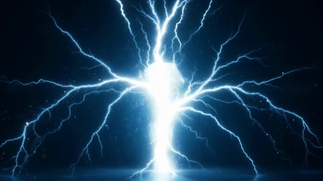 Lightning Bolt Electric Tree Blue Energy Storm, Glowing Branch, Dark Sky, Dramatic Power Flash, Blue Light Background