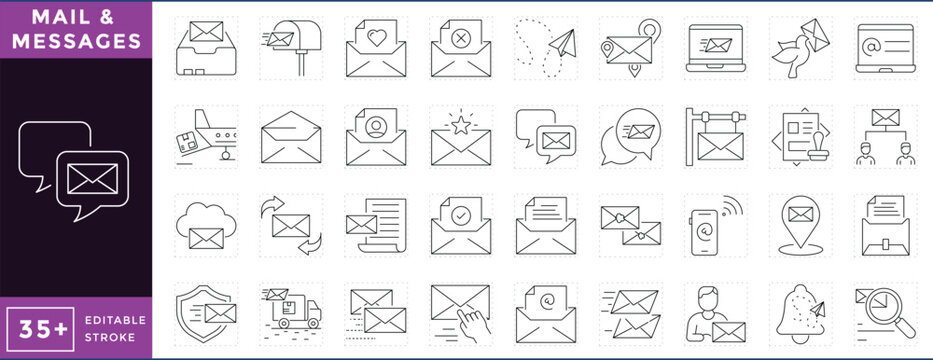 Mail and Messages related line icons set. Vector editable stroke.