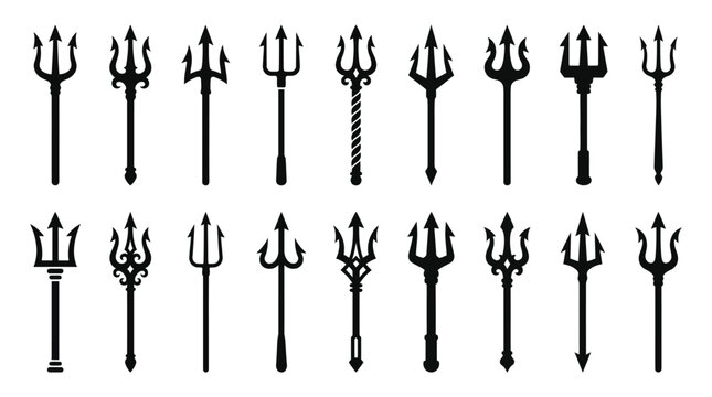 A collection of various black trident vector silhouette illustrations for creative design and graphic projects