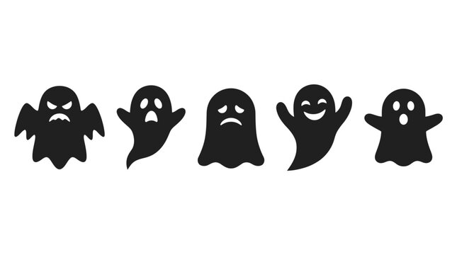 Black vector illustration showing five different spooky halloween ghost icons with various funny facial expressions