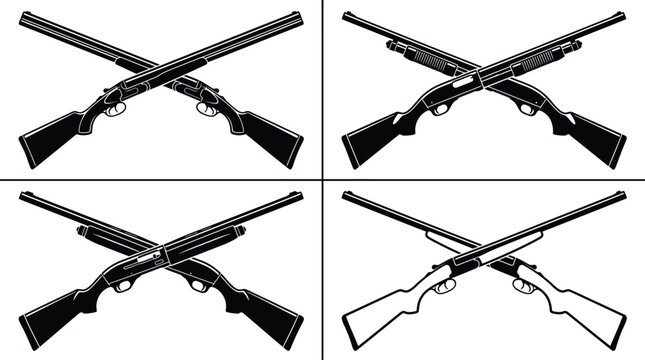 Detailed black and white vector illustration featuring various crossed hunting shotguns in a clean style