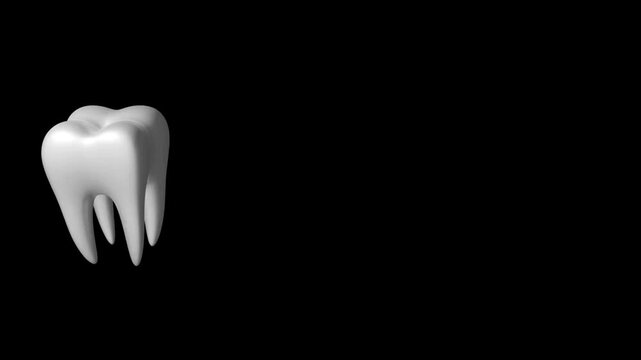 A close-up 3D render of a healthy white tooth with visible roots against a dark background
