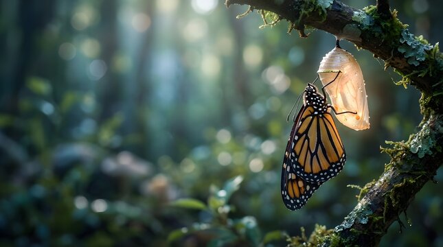 Monarch butterfly emerging from a chrysalis on a forest tree branch